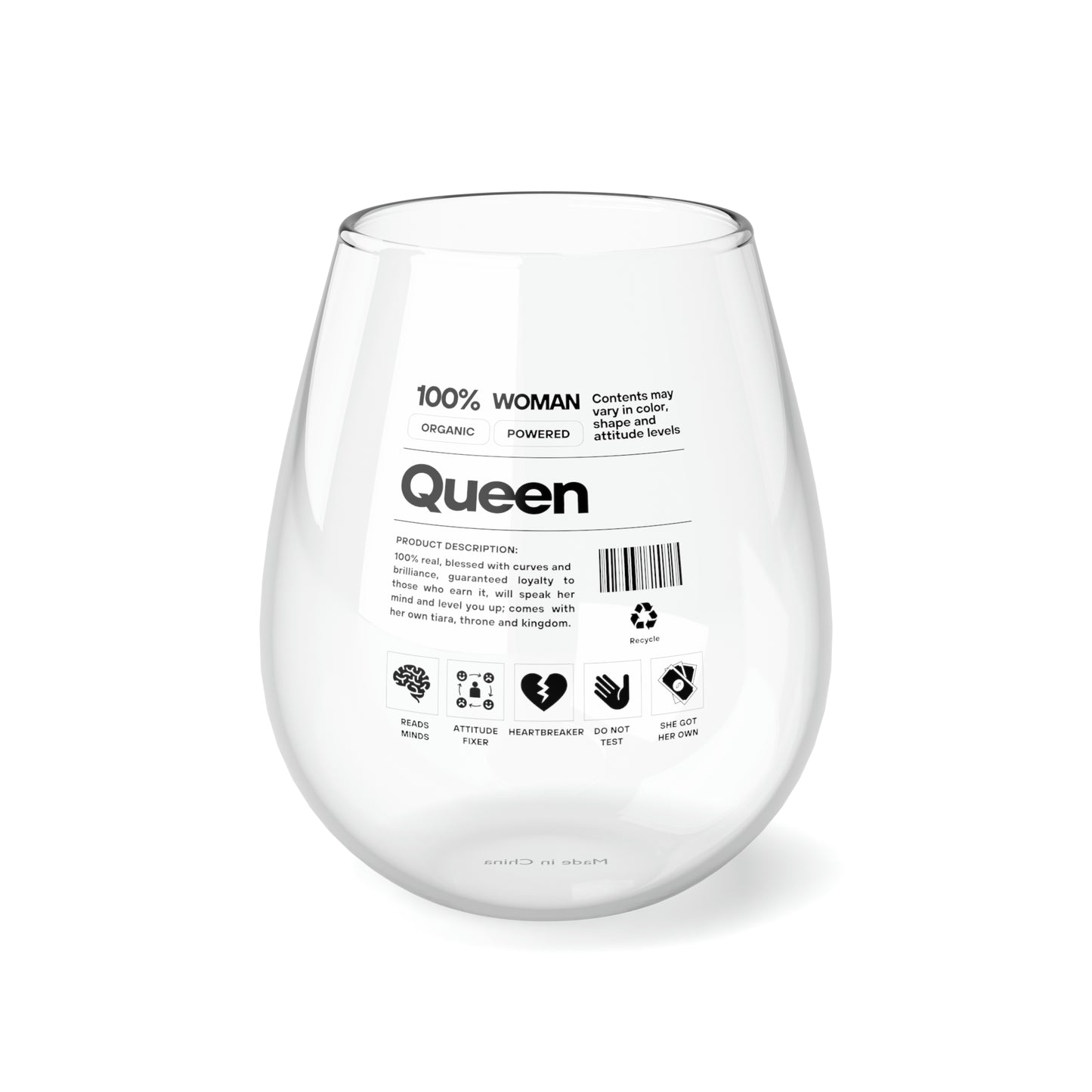 100% Queen Stemless Wine Glass, 11.75oz